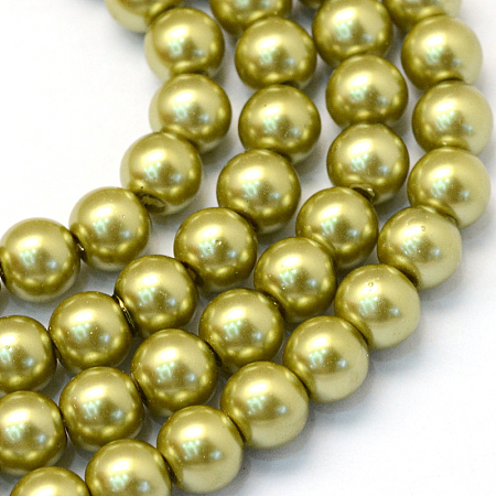 Baking Painted Pearlized Glass Pearl Round Bead Strands, Olive, 8~9mm, Hole: 1mm; about 105pcs/strand, 31.4 inches