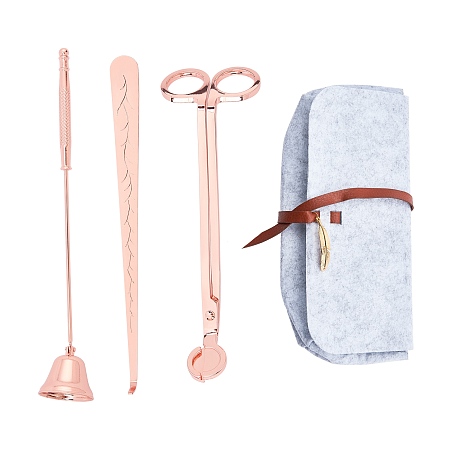 CRASPIRE Iron Candle Making Tools Set, with Wick Scissor, Wick Hook, Extinction Hood, with Felt Foldable Storage Bags, Rose Gold, Wick Scissor: 18x5.6x4cm, Wick Hook: 20x1.7x0.1cm, Extinction Hood: 23x3.9cm