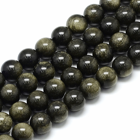 Arricraft Natural Golden Sheen Obsidian Beads Strands, Round, 6x6mm, Hole: 1mm, about 62pcs/strand, 15.5 inches