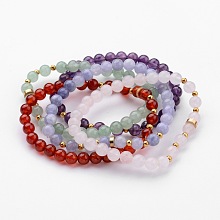 Honeyhandy Natural Round Gemstone Beaded Stretch Bracelets, with Iron Spacer Beads, Mixed Color, 54mm(2-1/8 inch)