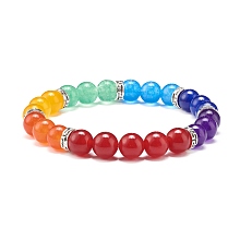 Honeyhandy Natural Malaysia Jade(Dyed) Round Beads Stretch Bracelet, 7 Chakra Jewelry for Girl Women, Colorful, Inner Diameter: 2-1/8 inch(5.4cm)