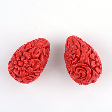 Honeyhandy Carved Flower Cinnabar Beads, teardrop, FireBrick, 20.5x13.5x13.5mm, Hole: 2mm