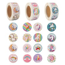 Honeyhandy 6 Rolls 3 Style Flat Round Unicorn Pattern Tag Stickers, Self-Adhesive Paper Gift Tag Stickers, for Party Decorative Presents, Mixed Color, 25mm, 500pcs/roll, 2 rolls/style