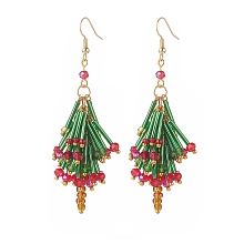 Honeyhandy Glass Beaded Christmas Tree Dangle Earrings, Brass Cluster Long Drop Earrings for Women, Colorful, 81~82mm, Pin: 0.6mm