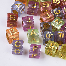 Arricraft Transparent Plated Acrylic Beads, Cube with Random Initial Letter, Mixed Color, 6x6x6mm, Hole: 3.5mm, about 3840pcs/500g