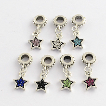 Honeyhandy Alloy Rhinestone European Dangle Charms, Star, Antique Silver, Mixed Color, 24mm, Hole: 4mm