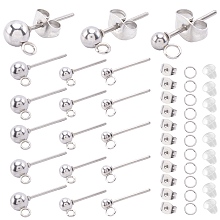 SOFPLATE 150Pcs 3 Size 202 Stainless Steel Ball Stud Earring Findings, with 304 Stainless Steel Pins and Vertical Loops, 300Pcs Ear Nuts, 150Pcs 304 Stainless Steel Jump Rings, Stainless Steel Color, 14~16mm, Hole: 1.6~2mm, Pin: 0.7mm, 50Pcs/size