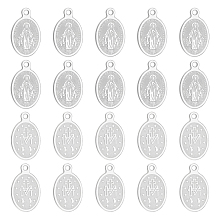 Unicraftale 20Pcs Ion Plating(IP) 304 Stainless Steel Charms, Laser Cut, Oval with Virgin Mary, Stainless Steel Color, 14.5x9x0.6mm, Hole: 1.2mm