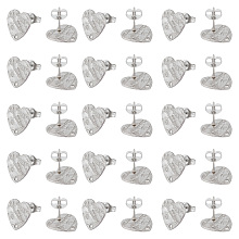 Unicraftale 40Pcs 304 Stainless Steel Stud Earring Findings, with Ear Nuts/Earring Backs and Hole, Heart Shape with Textured, Stainless Steel Color, 12x13x1mm, Pin: 0.8mm