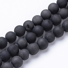 Honeyhandy Electroplated Natural Druzy Geode Agate Bead Strands, Matte Style, Round, Black Plated, 8~9mm, Hole: 1mm, about 46pcs/strand, 15.3 inch