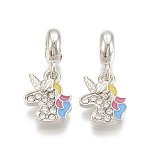 Honeyhandy Alloy European Dangle Charms, with Rhinestone and Enamel, Large Hole Pendants, Unicorn, Platinum, Crystal, 24.5mm, Hole: 4.5mm, 14x11x2mm