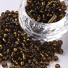 Honeyhandy 6/0 Glass Seed Beads, Silver Lined Round Hole, Round, Brown, 4mm, Hole: 1.5mm, about 1000pcs/100g