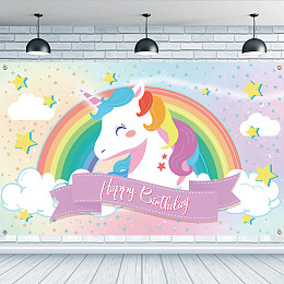 FINGERINSPIRE Rainbow Unicorn Happy Birthday Backdrop 6x3.6ft Hanging Banner Party Decoration Cartoon Clouds Stars Background Photo Shoot Decor Fabric Birthday Celebration Backdrop for Boys Girls