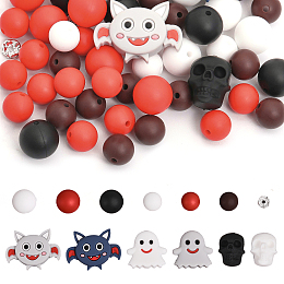 CHGCRAFT DIY Beads Jewelry Making Finding Kit for Halloween, Inculidng Silicone & Brass Rhinestone Beads, Round & Ghost & Skull, Mixed Color, 8~25.5x8~34x3.8~20mm, Hole: 1.5~2.5mm, 126Pcs/box