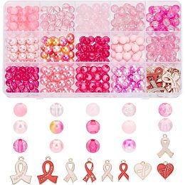 PandaHall Elite 368pcs Breast Cancer Awareness Charms 8mm Pink Beads Pink Ribbon Pendants Charms for Breast Cancer Ribbons Lapels Women Necklace Bracelet Jewelry Making