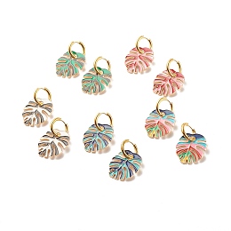 Honeyhandy Monstera Leaf Enamel Charm Dangle Hoop Earrings, 304 Stainless Steel Drop Earrings for Women, Mixed Color, 46mm, Pin: 1mm