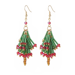 Honeyhandy Glass Beaded Christmas Tree Dangle Earrings, Brass Cluster Long Drop Earrings for Women, Colorful, 81~82mm, Pin: 0.6mm