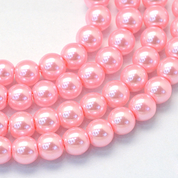 Baking Painted Pearlized Glass Pearl Round Bead Strands, Pink, 6~7mm, Hole: 1mm; about 145pcs/strand, 31.4 inches