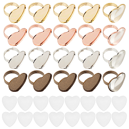 DICOSMETIC 20Pcs 4 Colors Heart Ring Base Setting Antique Bronze/Rose Gold/Golden/Silver Blank Ring 3/4 Heart Pad Finger Rings and 20Pcs Heart Glass Cabochons for Blank Ring Jewelry Making