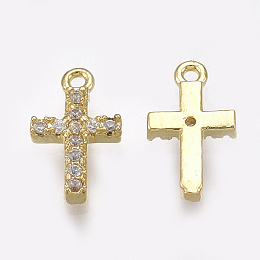 Honeyhandy Cubic Zirconia Tiny Cross Charms, with Brass Findings, Clear, Real 18K Gold Plated, 11x6.5x2mm, Hole: 0.8mm