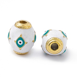 Honeyhandy Vacuum Plating 201 Stainless Steel Beads, with Enamel, Real 18K Gold Plated, Barrel with Evil Eye, White, 14.5x11x11mm, Hole: 3mm