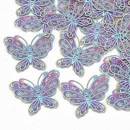 Honeyhandy Ion Plating(IP) 304 Stainless Steel Filigree Joiners Links, Etched Metal Embellishments, Butterfly, Rainbow Color, 26x34.5x0.3mm, Hole: 0.9mm