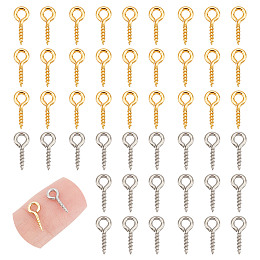 Unicraftale 200Pcs 2 Colors 304 Stainless Steel Screw Eye Pin Peg Bails, For Half Drilled Beads, Golden & Stainless Steel Color, 10x4x1mm, Hole: 2mm, Pin: 1.4mm, 100Pcs/color