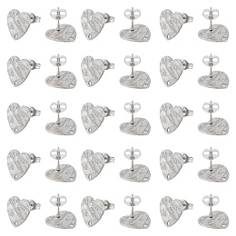 Unicraftale 40Pcs 304 Stainless Steel Stud Earring Findings, with Ear Nuts/Earring Backs and Hole, Heart Shape with Textured, Stainless Steel Color, 12x13x1mm, Pin: 0.8mm