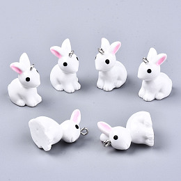 Honeyhandy Resin Pendants, with Platinum Tone Iron Loops, 3D Rabbit, White, 23~24x13~14x19mm, Hole: 2mm