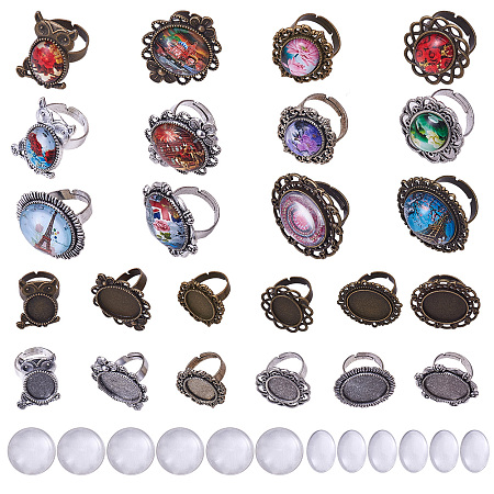 SUNNYCLUE DIY Making, Adjustable Iron Finger Ring Settings, Alloy Cabochon Bezel Setting and Glass Cabochons, Mixed Color