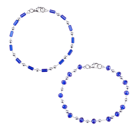 Unicraftale 304 Stainless Steel Beaded Bracelets, with Faceted Glass Beads and Lobster Claw Clasps, Blue, 8-5/8 inches(22cm), 9 inches(23cm), 2pcs/box