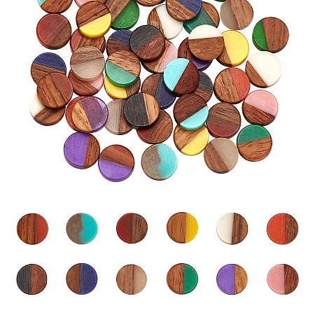 Resin & Walnut Wood Cabochons, Flat Round, Mixed Color, 10x2.5~4mm; 48pcs/set