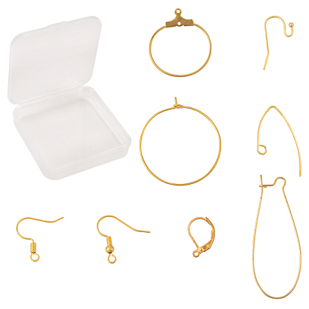 SUNNYCLUE DIY Brass Earring Findings, with Earring Hooks, Hoop Earrings Findings, Ear Wires, Leverback Earring Findings and Plastic Box, Golden, 7.4x7.3x2.5cm, about 160pcs/box
