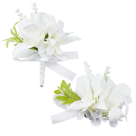 CRASPIRE 2PCS Flower Wrist Corsage Wedding Flowers Accessories Artificial White Lily Silk Elastic Wristband Boutonniere Buttonholes Groom and Bride
