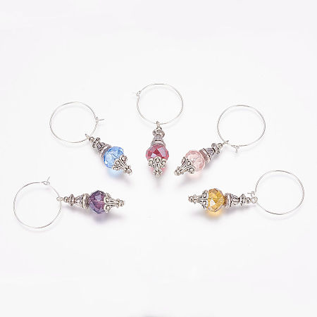 Honeyhandy Wine Glass Charms, with Alloy and Glass Findings, Brass Hoops, Silver Color Plated & Antique Silver, Mixed Color, 58mm