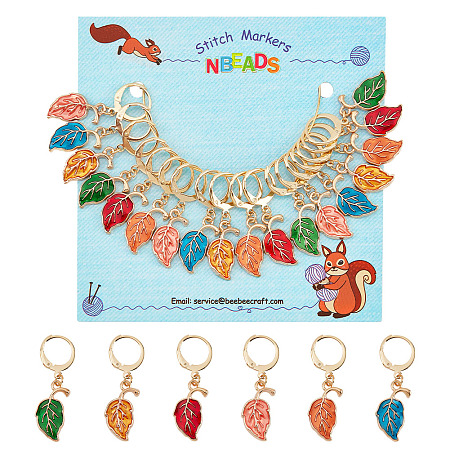 NBEADS 18Pcs 6 Color Alloy Enamel Leaf Charms Locking Stitch Markers, with Gold Tone 304 Stainless Steel Leverback Earring Findings, Mixed Color, 35mm, Pin: 1x0.8mm, 3Pcs/color