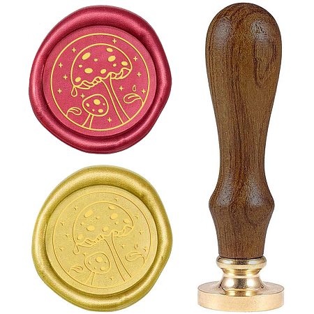 SUPERFINDINGS 1PC Wax Seal Stamp Mushroom Pattern Sealing Wax Stamp for Invitations Envelopes Gift Card Bottle Decoration, Wooden Handle, 1inch Diameter Golden Brass Head, Without Wax