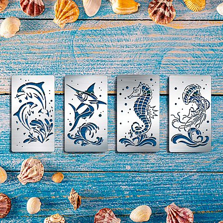 BENECREAT 4PCS 17.7x10.1cm/7x4 Inch Dolphin Swordfish Metal Stencils Hippocampus Jellyfish Stencil Template for DIY Scrapbooking, Photo Album, Decorative Embossing Card