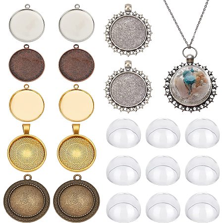CHGCRAFT 24Pcs 6 Styles Metal Bezel Pendant Tray Setting with Glass Display Dome Round Pendant Trays for Photo Pendant UV Resin Keychain Jewelry Making