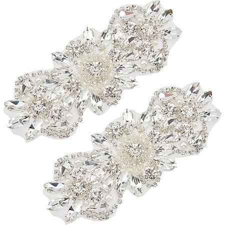 FINGERINSPIRE 2 pcs Rhinestone Applique for Dress Iron on/Sew Rhinestone Patch with Beaded Flower Shape Hotfix Sewing Appliques for Bridal Dress, Headpiece Belt Shoes or Item Decoration