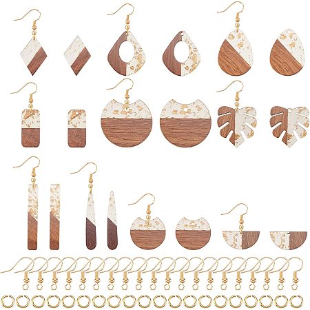 AHANDMAKER 20 Pcs Resin Wood Earring Pendants, 9 Styles Vintage Wood Earrings Blanks with 20 Pcs Earring Hooks & 20 Pcs Jump Rings, for DIY Crafts Jewelry Making