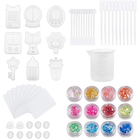 PandaHall Elite 52pcs Silicone Casting Molds Sets-9pcs Resin Shaker Molds, 100ml Measuring Cup, Finger Cots, Transfer Pipettes, Stirring Rod, Glitter Sequins for Jewelry Crafts Making