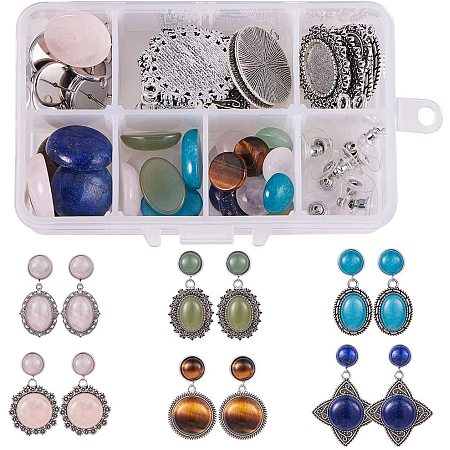 SUNNYCLUE 1 Box DIY 6 Pairs Natural Gemstone Cabochon Dangle Stud Earrings Making Starter Kit Jewelry Arts Craft Supply Set for Adults Beginners