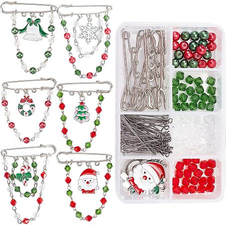 SUNNYCLUE 1 Box DIY 6 Pcs Christmas Brooches Set Brooch Safety Pins for Charms Enamel Christmas Charms Jingle Bell Candy Cane Wreath Snowflake Charms Christmas Tree Santa Claus Pins Adult Xmas Craft