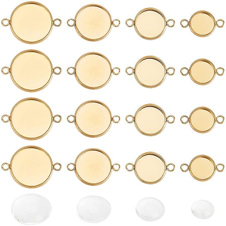 UNICRAFTALE 40Pcs 4 Sizes Golden 304 Stainless Steel Cabochon Connector Settings Flat Round Links Connector with Transparent Glass Connectors Settings Flat Round with Double Loop for Jewelry Making