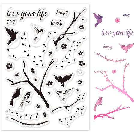 GLOBLELAND Bird and Branch Silicone Clear Stamps Flowers Transparent Stamp for Christmas Birthday Thanksgiving Cards Making DIY Scrapbooking Photo Album Decoration Paper Craft