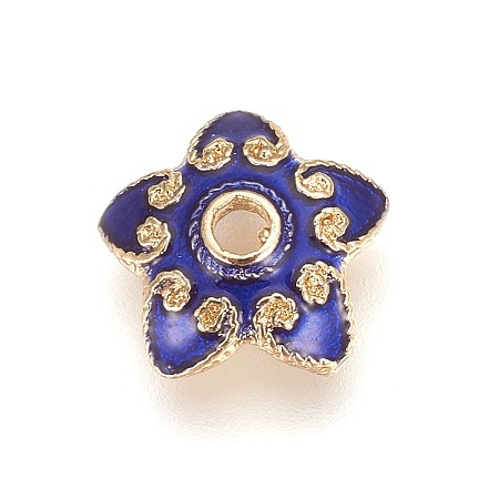 Alloy Enamel Bead Caps, Flower, 5-Petal, Golden, Blue, 10x3mm, Hole: 1.5mm