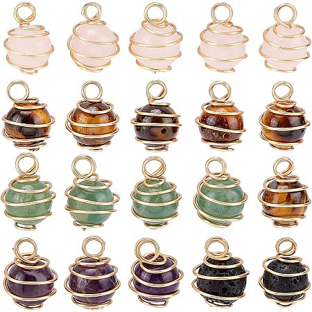 FINGERINSPIRE 20Pcs Natural Gemstone Cage Pendants with Real 18K Gold Plated Copper Wire Wrapped, 12mm Round Healing Mixed Crystal Stone Charms Copper Wire Wrapped for Jewelry Making Meditation