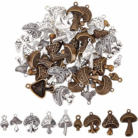 SUNNYCLUE 1 Box 60Pcs 10 Styles Silver Mushroom Charms Mushroom Charm Bulk Tibetan Style Food Mushrooms Spring Plant Charms for Jewelry Making Charms DIY Necklace Earring Bracelet Crafts Women Adults