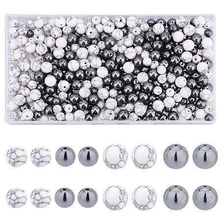 SUPERFINDINGS 200Pcs 2 Size Natural Black Hematite Gemstone Loose Beads and 200pcs 2 Size Round Marble White Howlite Beads Aritificial Well Polished Round Crystal Stone for Jewelry Making